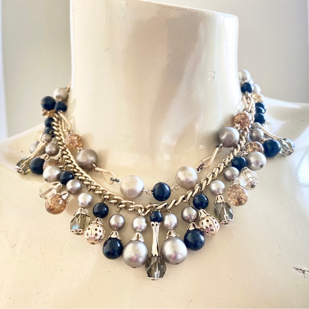Vintage West Germany CHA CHA Eloxal Metal Dangly Bead Crystal 2 Strand Necklace.
